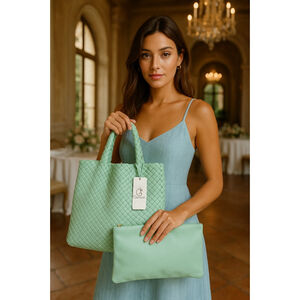 Woven Vegan Leather Shoulder Bag Queenoris Matching Pouch Duo Summer Chic Mint